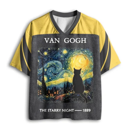Van Gogh Starry Night Black Cat Mesh V Neck T-shirt Men Famous Painting Summer Top