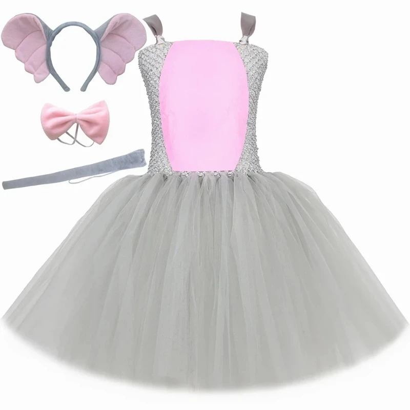 Toddler Girls Gray Elephant Costume Baby Girl Halloween Animal Dress Up Clothes Outfits Kids Holiday Jungle Party Tutu Dresses