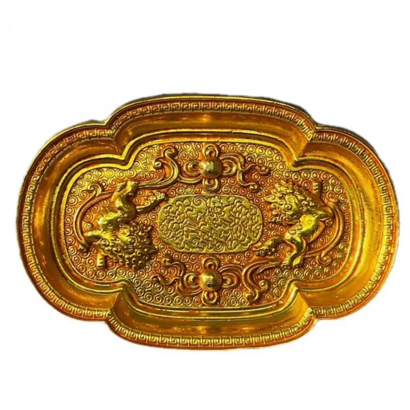

Antique Pure Copper Gilded Lion Tea Tray Tea Holder Tang Dynasty Zhen Guan Year Gilded Plate Home Decor Ornament
