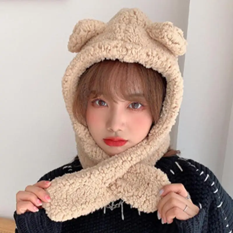 Kids Warm Plush Cap Fluffy Winter Warm Hat With Cute Ears Plush Earflap Hat Warm Scarf Cap For Women Girls Kids