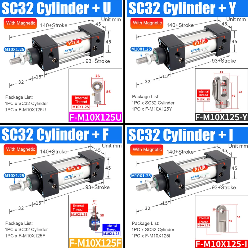 AirTac-SC-32 Zylinder, kleiner pneumatischer Zylinder, hohe Schubkraft, mit Halterung CA/CB/FA/LB/Y/U/I/F - Vielfältige Auswahl - Günstigere Preise – Detail 2