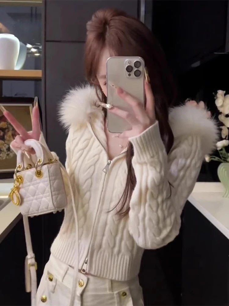 White Fur Collar Hood Crop Sweater Outerwear Women Autumn and Winter New High Sense Slim fit Slimming Knit cardigan Top