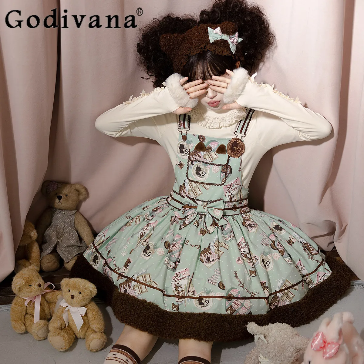

Original Kawaii Girl's Mint Lolita Strap Dress Summer New Cute Bow Print Short Dress Japanese Y2K Short Sleeve Dress for Women