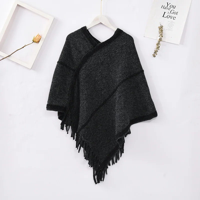 

Spring Autumn Knitted Imitation Rabbit Hair Scarf Women Pullover Tourism Tassel Woman Poncho Cape Pullover Sweater Black Cloaks