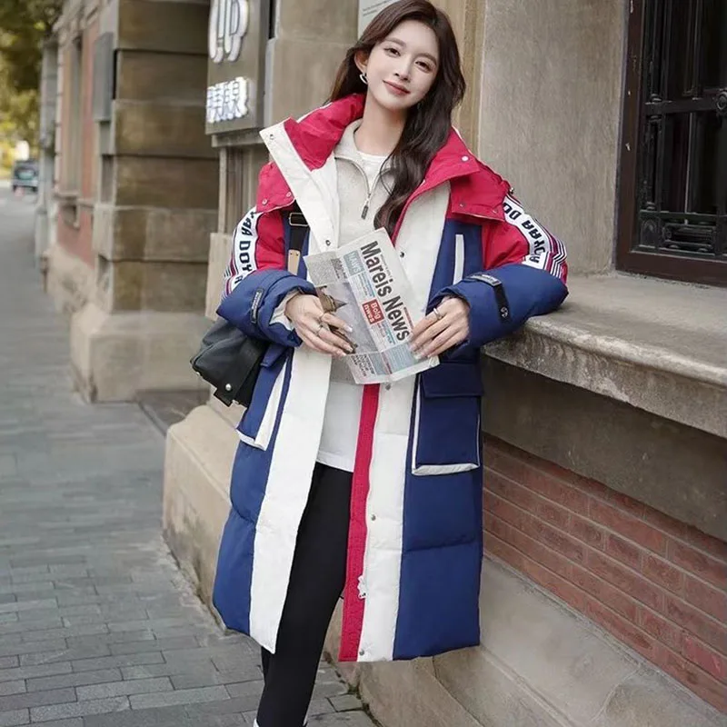 Long Down Jacket Women Thicken Winter Fashion Patchwork Color Contrast Hooded White Duck Down Coat Female Parka Warm