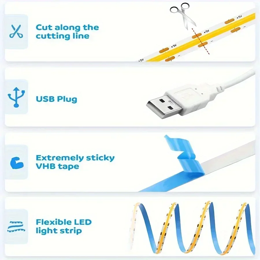 COB LED قطاع 5 فولت USB عالية الكثافة شريط خطي مرن اللمس/اليد الاستشعار باهتة دفع التبديل لإضاءة الخلفية للتلفاز خزانة