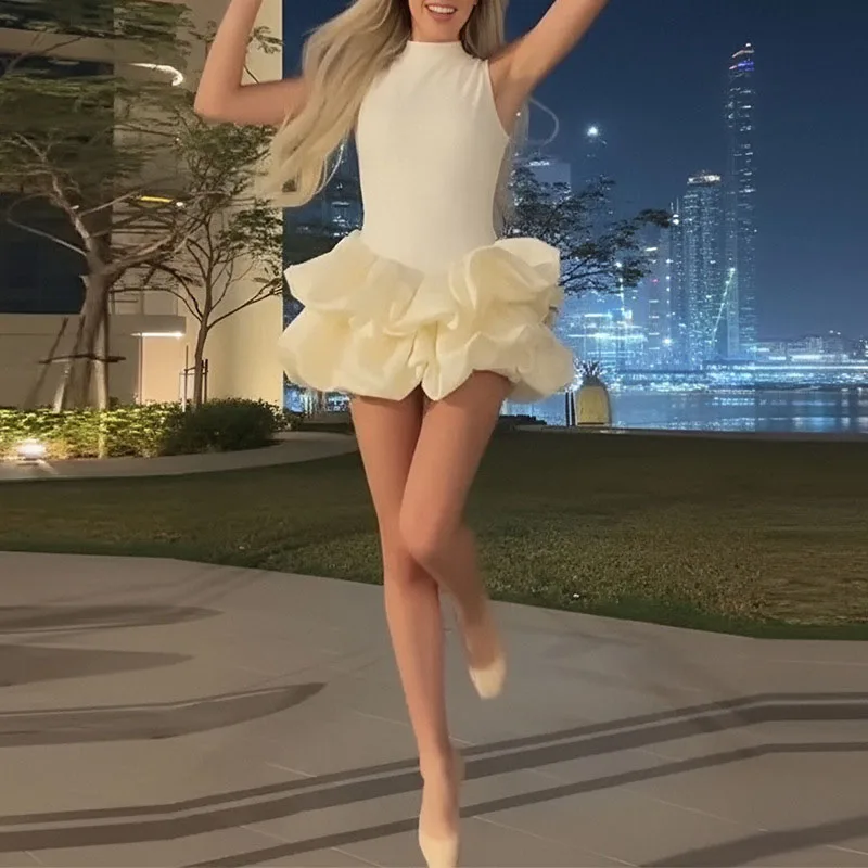 

Новое модное женское короткое платье без рукавов с вырезами, пышное, с открытой спиной, облегающее, элегантное, с завязками на шее, однотонное, для выпускного вечера