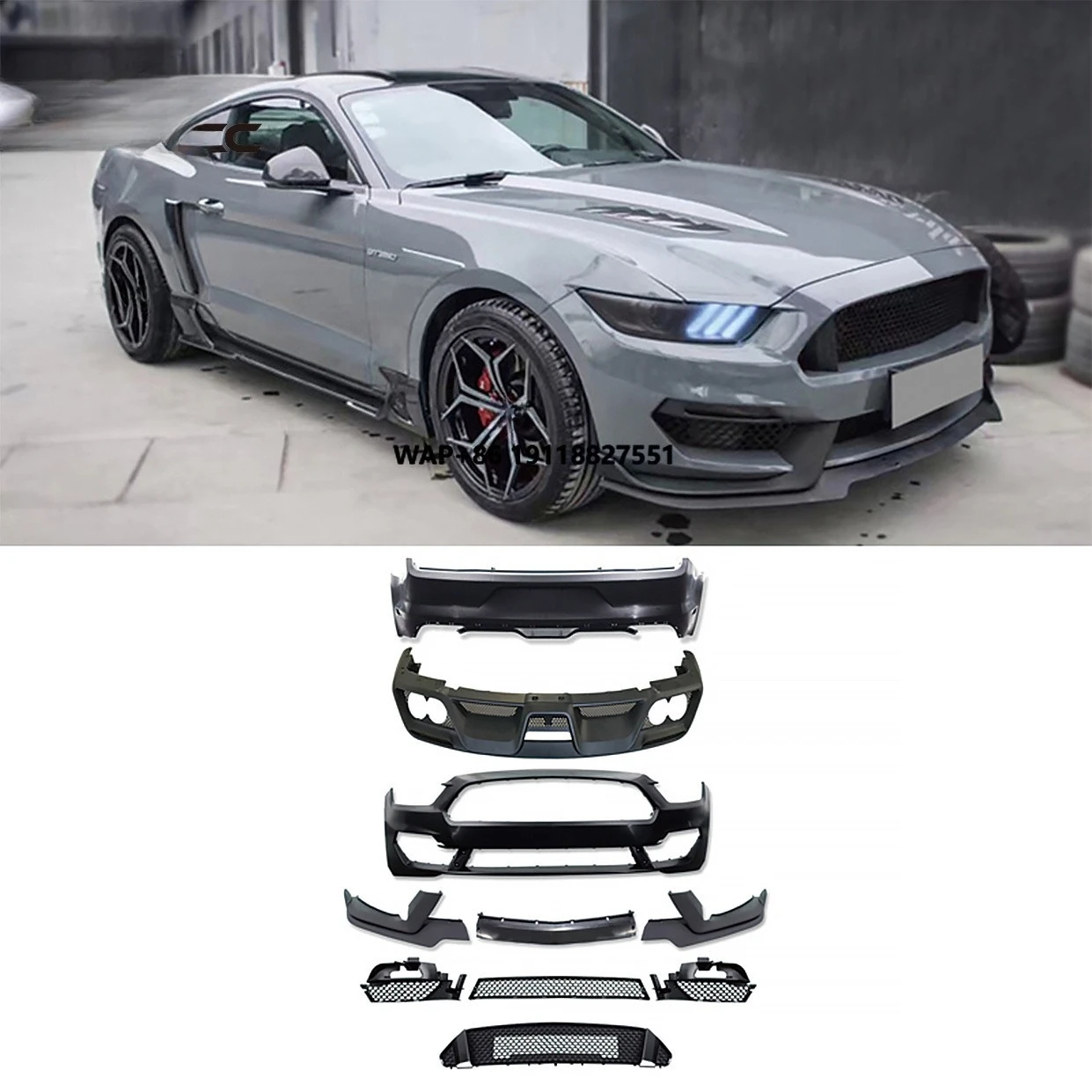 

PP Auto Body Kit for Mustang 2015-2021 Upgrade Shelby GT350 Front Bumper Lip Panel Rear Diffuser Screw-On