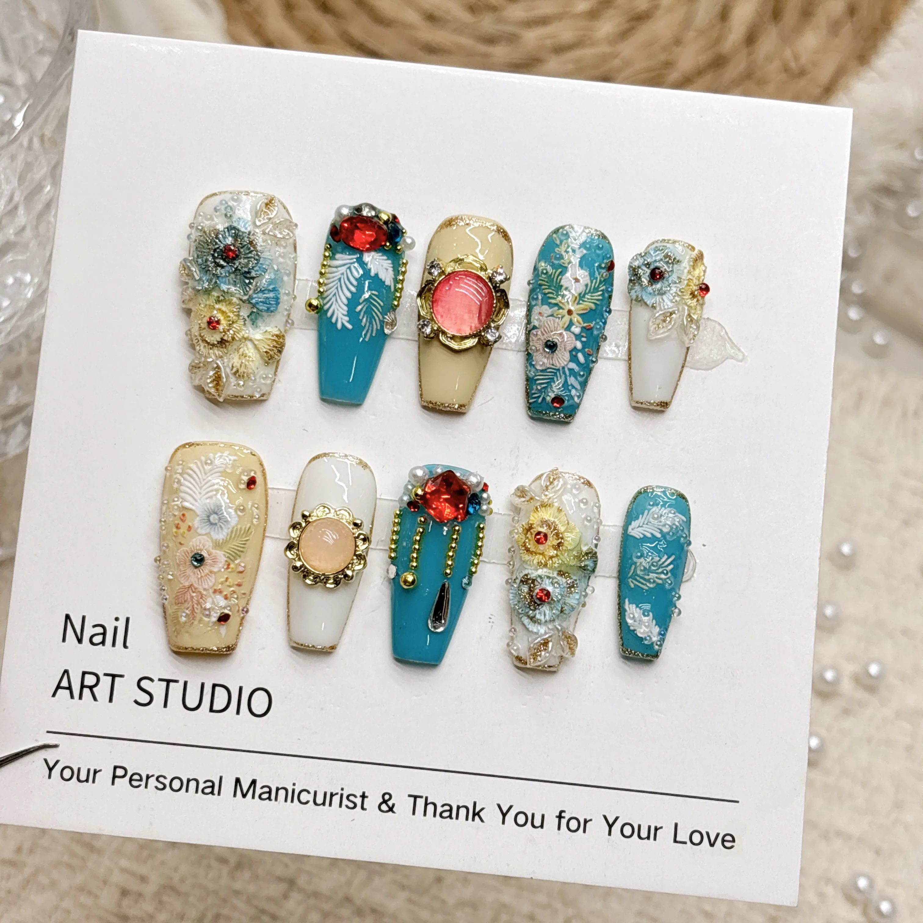 `Handmade New Chinese Style Press On Nails Heavy 3D Rhinestone Jade Pearl Floral False Nails Long Almond Wine Red Reusable Artif