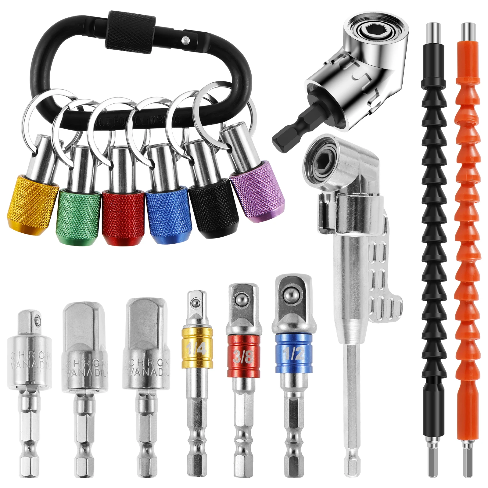 

6Pcs 1/4 Inch Hex Shank Screwdriver Bit Holder Universal Bit Holder Keychain with 105° Right Angle Drill Attachment Flexible