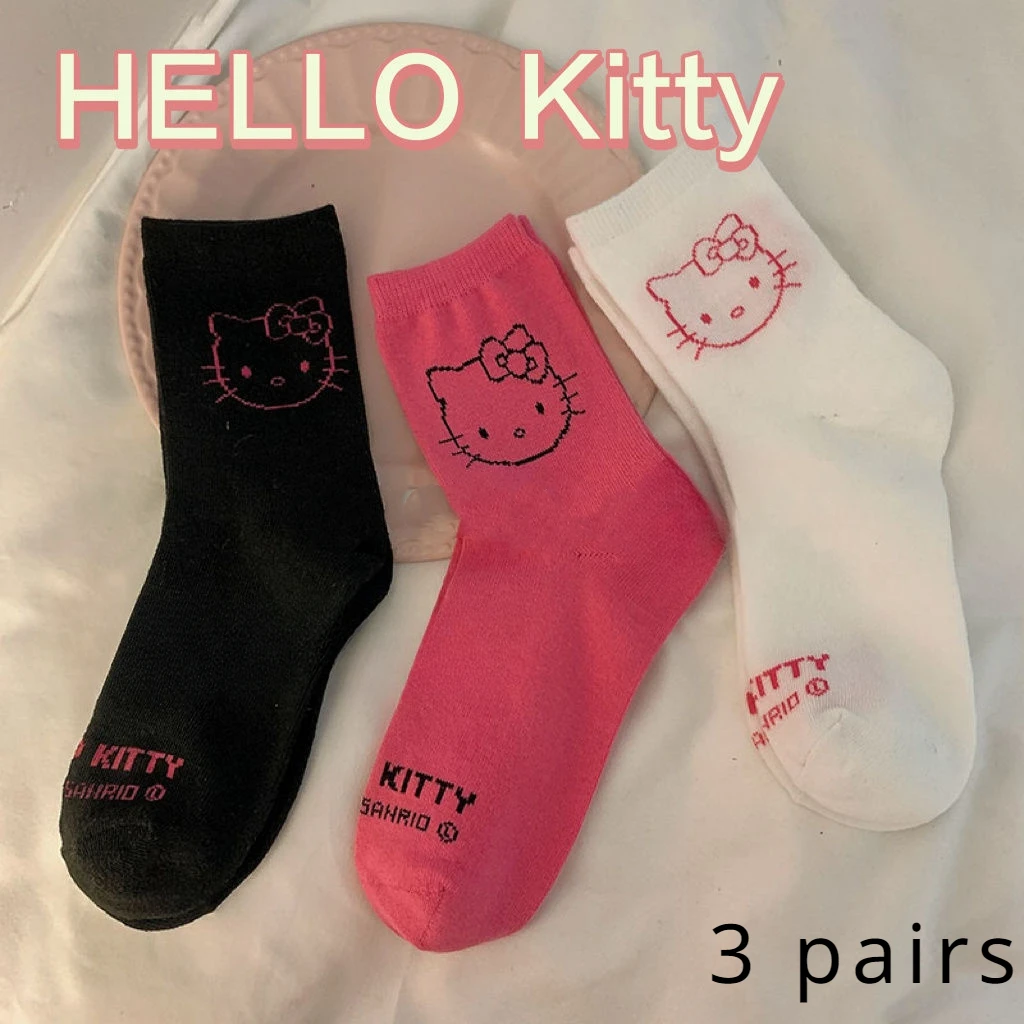 

3 Pairs Hello Kitty Girls Socks Sanrio Kawaii Socks Medium Size Black and White Female Socks