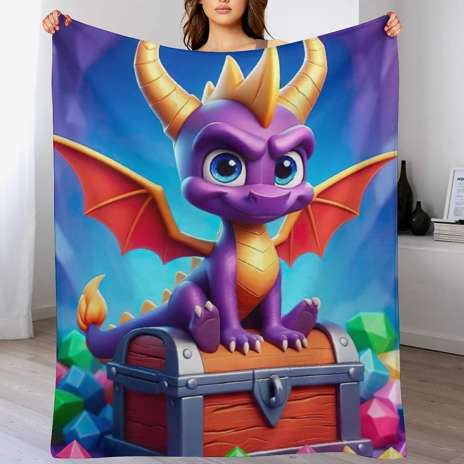 

Chibi Spyro's Hoard - Adorable Guardian of Gemstone Treasure Throw Blanket for winter Furry Blankets