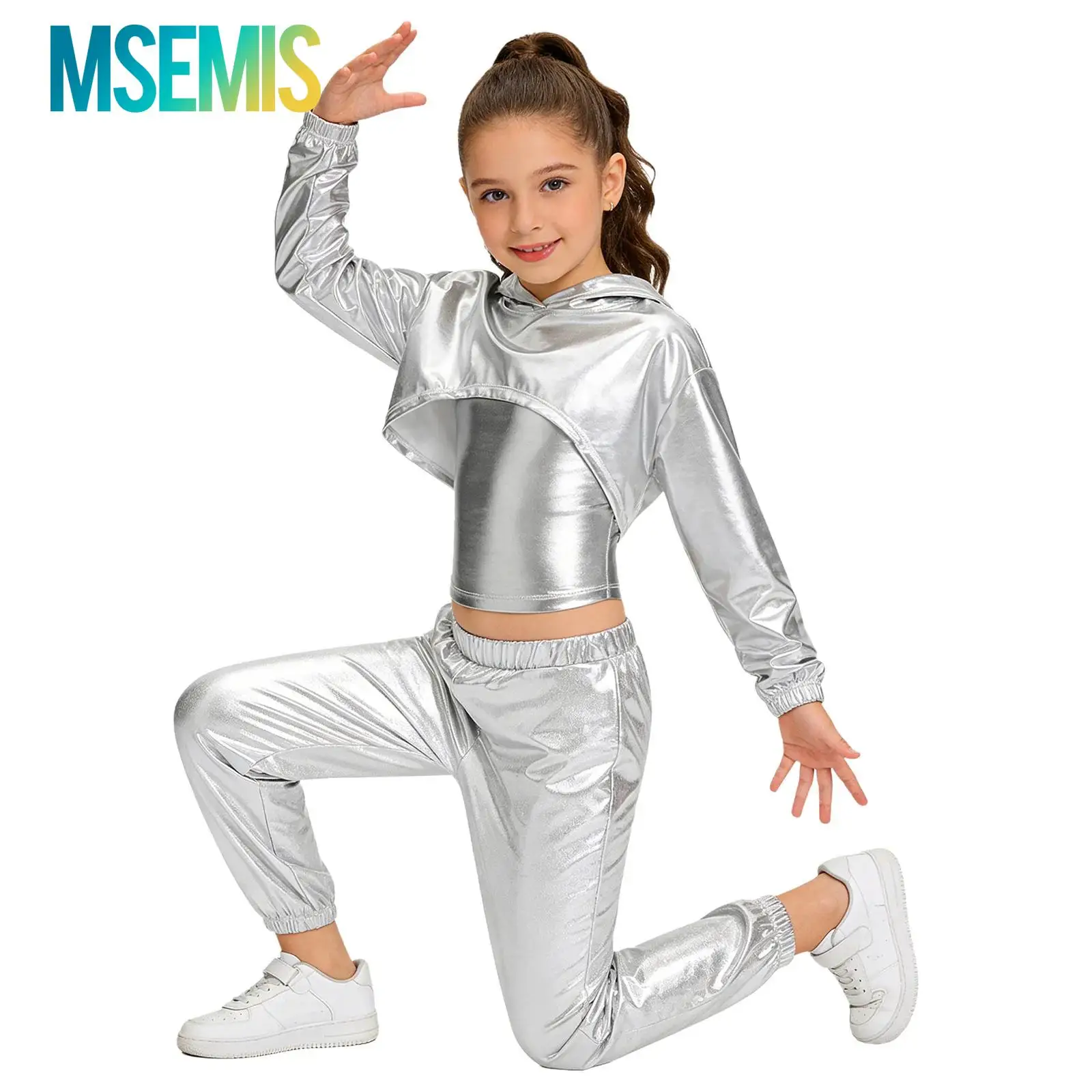 

Kids Girls Hip-Hop Jazz Dance Costume Long Sleeve Metallic Cropped Hoodie with Spaghetti Straps Camisole with Shiny Pants