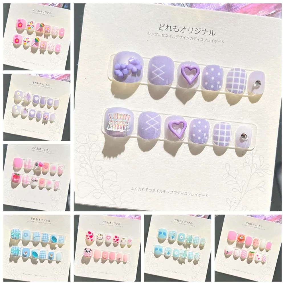 زهرة الأطفال الأظافر كاذبة الدببة غطاء كامل مسمار الفن نصائح الكرتون الأظافر وهمية مستلزمات الأظافر قصيرة مربعة الشكل #2