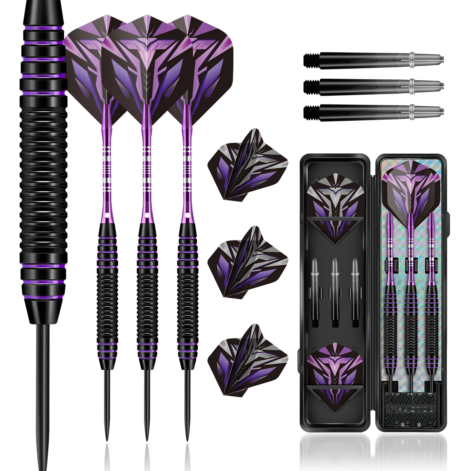 Huanqu 18g Professional Hard Iron Dart Set, 3-Piece Black and Purple Competition Darts, Includes Spare Dart Shafts and Wings, and a Portable Storage Box, Standard Dart Wing Design, Suitable for Dart Board Training, Home Entertainment, and Bar Competitions