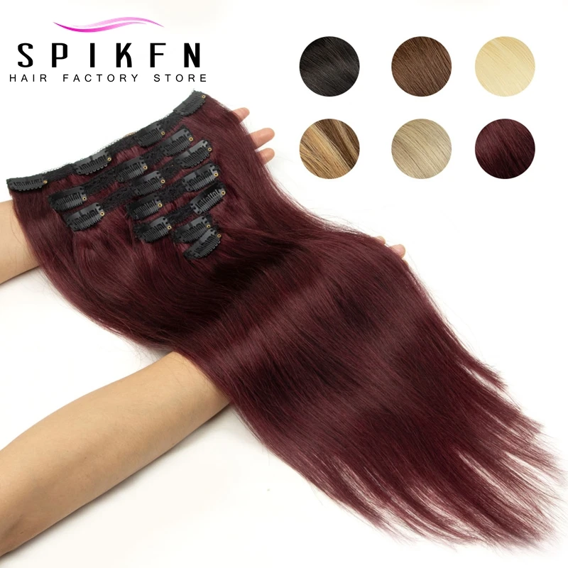 SPIKFN Brazilian Remy Straight Hair Clip In Human Hair Extensions Natural Burgundy Color 99J# Clip Hair Full Head 7pcs/set