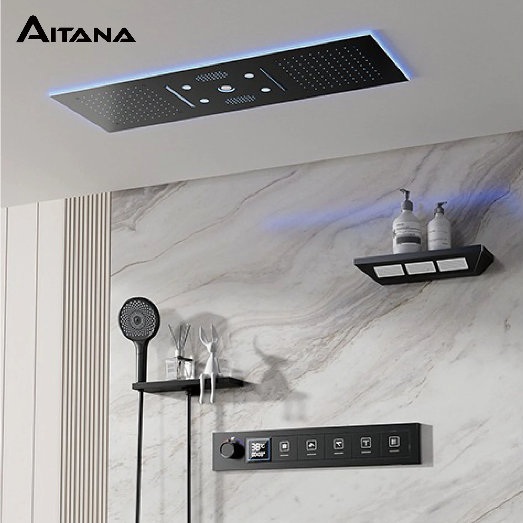 AITANA Luxury Brass Gunmetal LED Display Thermostatic Shower System Bathroom Ceiling Embedded Concealed Giant Curtain Rainfall