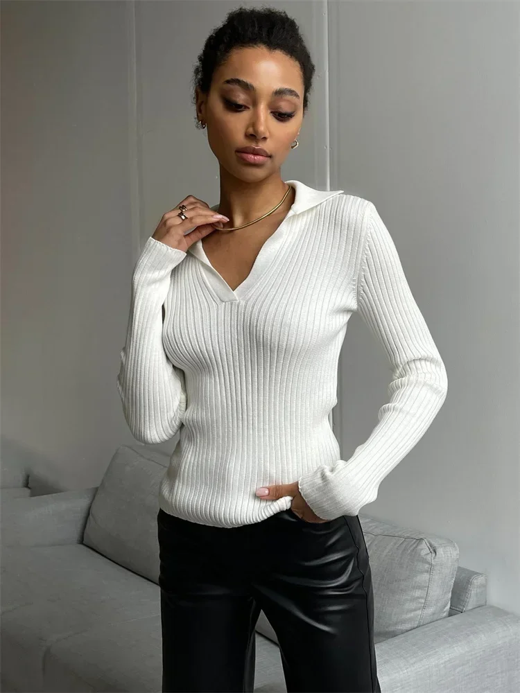 White Knitwear Ribbed Pullover For Women V-Neck Patchwork Casual Slim Elegant Commute Clothes Female Knit Top Pullover New