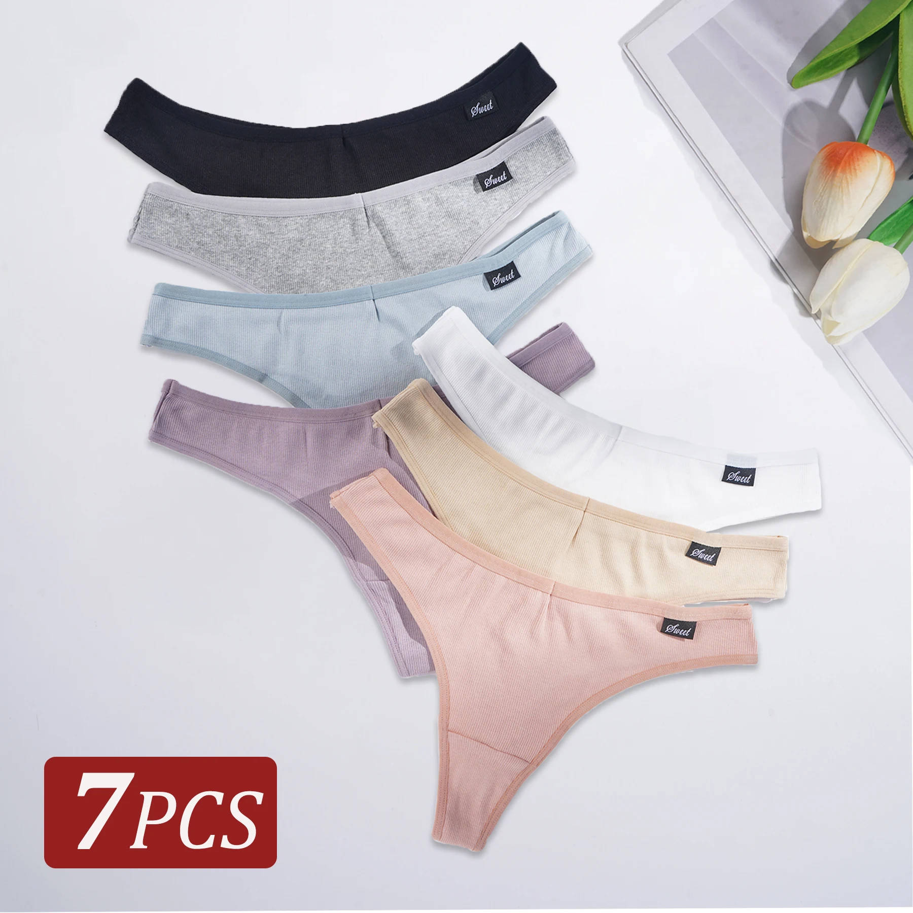 7PCS Mutandine da donna in cotone G-String Vita bassa Tinta unita Perizoma Biancheria intima morbida e traspirante Intimo sexy Lingerie tanga mujer