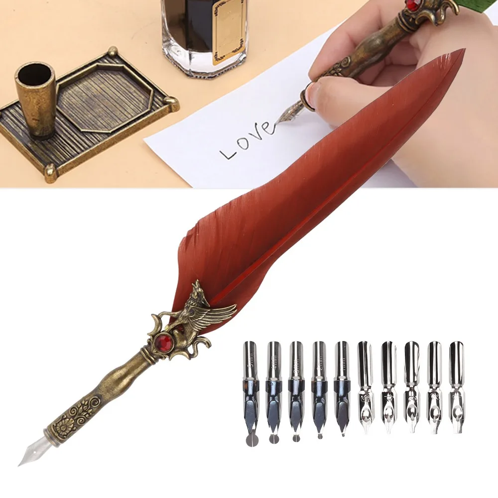 Stainless Steel Feather Quill Carved Pattern Smooth Nib Dip Pen Retro Texture Feather Shaft Feather Dip Pen Signature Writing