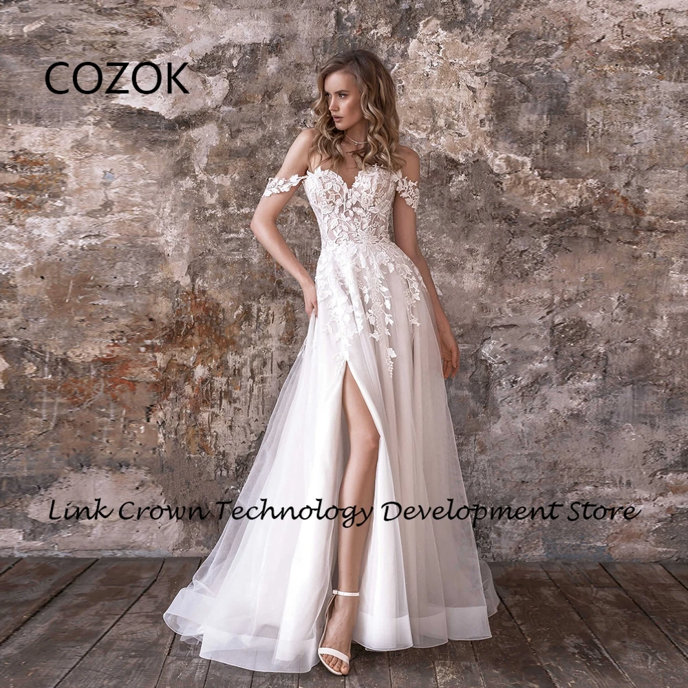 COZOK Off Shoulder Side Slit Wedding Dresses with Lace 2024 Summer Strapless Bridal Gowns for Princess New Vestidos De Novia