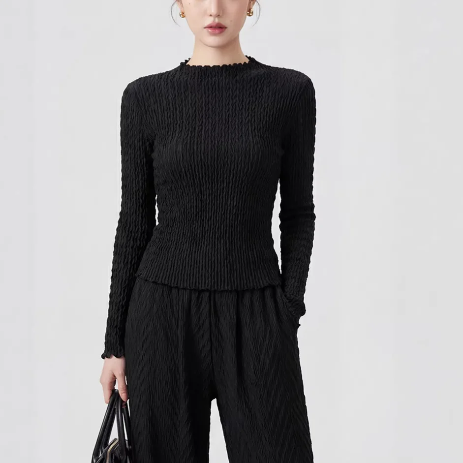 

Плиссированная женская блузка Miyake с длинным рукавом, однотонная, простая, универсальная, базовая, модная футболка для весны и осени