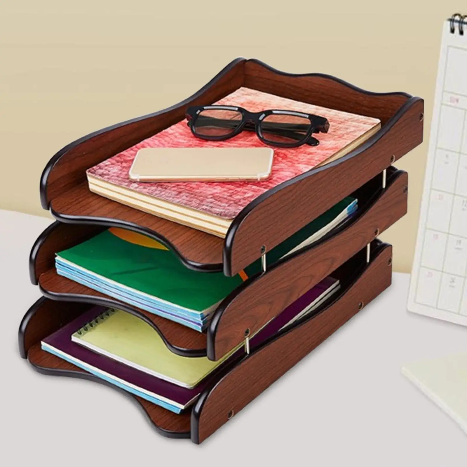 Деревянный поднос, настольный ящик для хранения, прочный 3-х уровневый штабелируемый настольный органайзер для домашнего офиса, школьных почтовых канцелярских принадлежностей