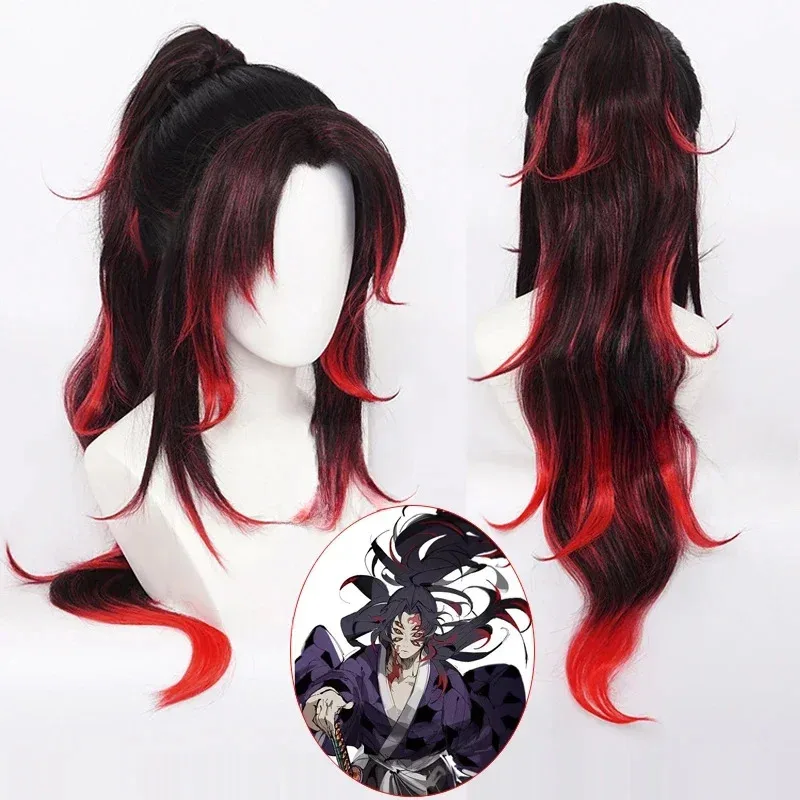Perruque de Cosplay Anime Demon Slayer Kimetsu No Yaiba, Kokushibo, cheveux noirs et rouges, tatouage, accessoires de jeu de rôle pour fête d'halloween