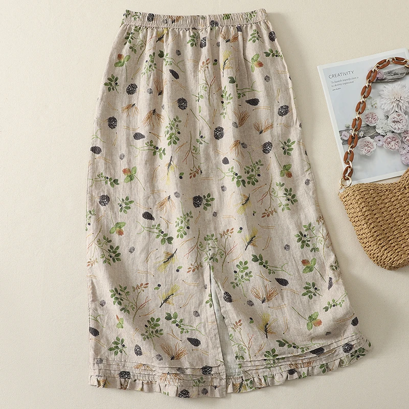 Slimming Floral Print Elastic Waist Half-length Skirt Versatile Linen Color A-line Skirt New Chinese Style Women's Fashion Su...