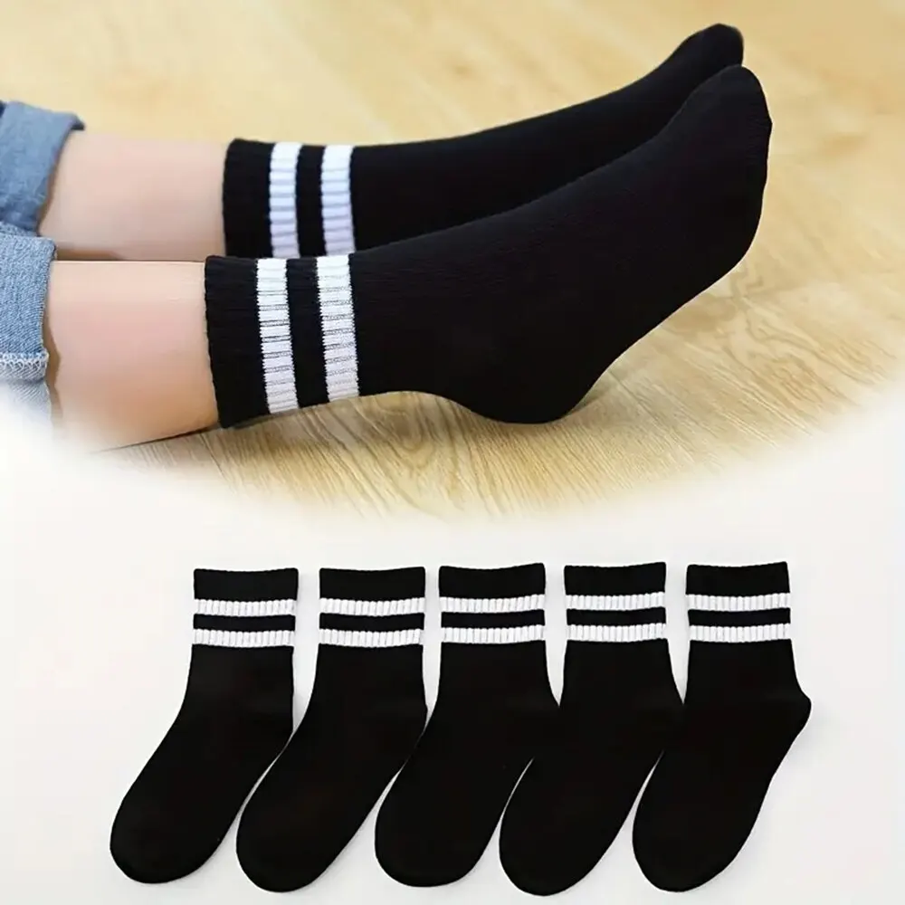 5 Pairs Women's Mid Length Socks Solid Color Parallel Stripe Simple Fashionable Sports Sweat-Absorbing High-Quality Girls' Socks