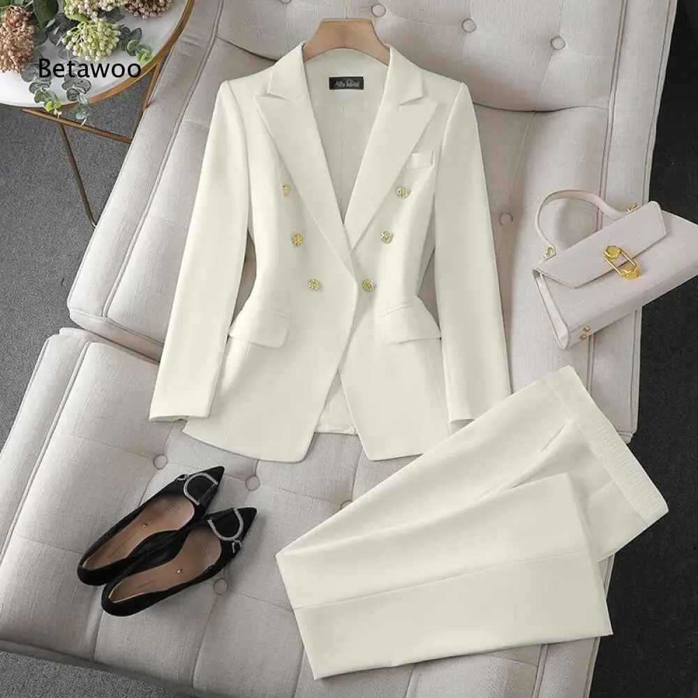 

Women's White Business Blazer and High Waist Pants Set
