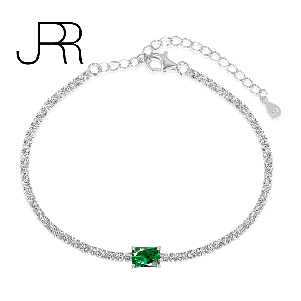 

JRR 100% 925 Sterling Silver 5*7MM Emerald Female Wedding Party Created Diamond Tennis Bracelet Fine Jewelry Gift Free Shipping