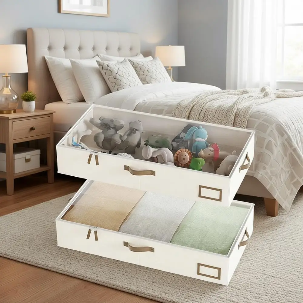 

Набор из 2 складных контейнеров для хранения под кроватью для общежития, одежды и постельного белья - бежевый