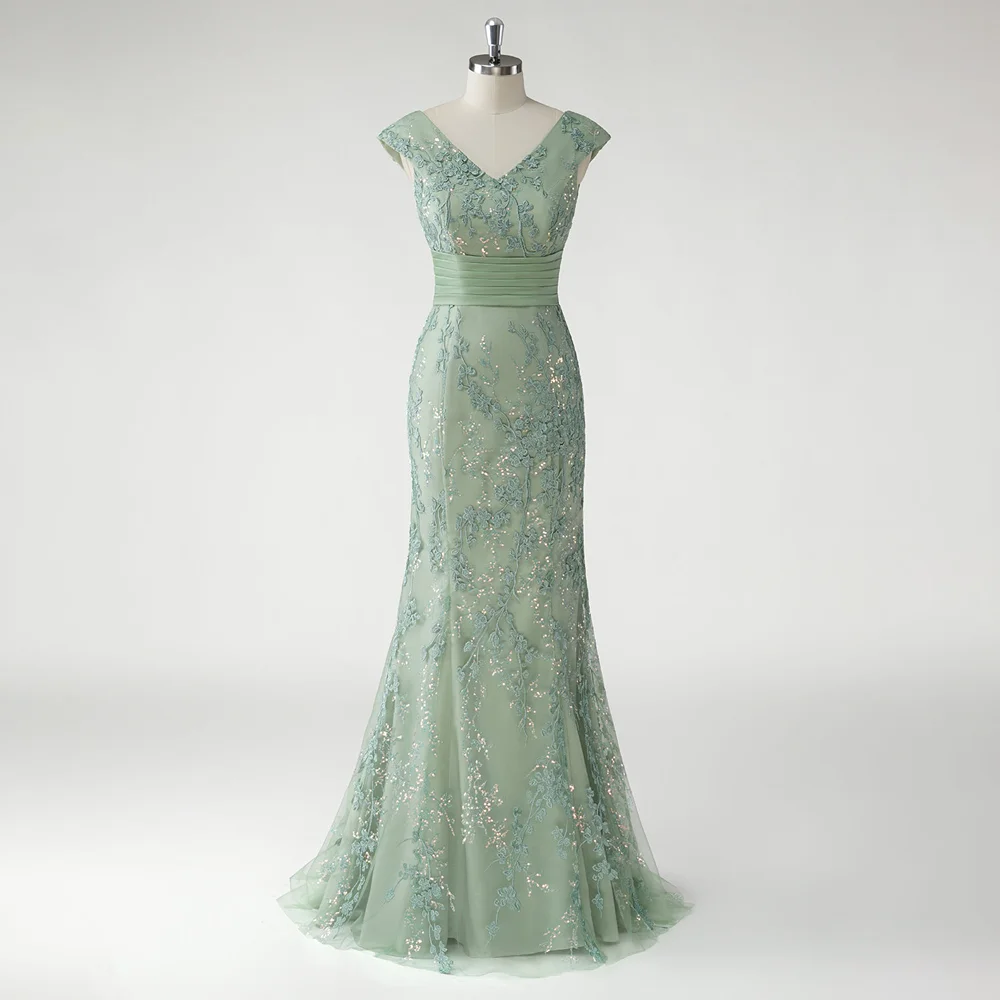 

Customized Sage green Prom Dresses Luxury V-neck Sleeveless Backless Lace Appliques Mermaid Evening Gowns Formal Party Dress