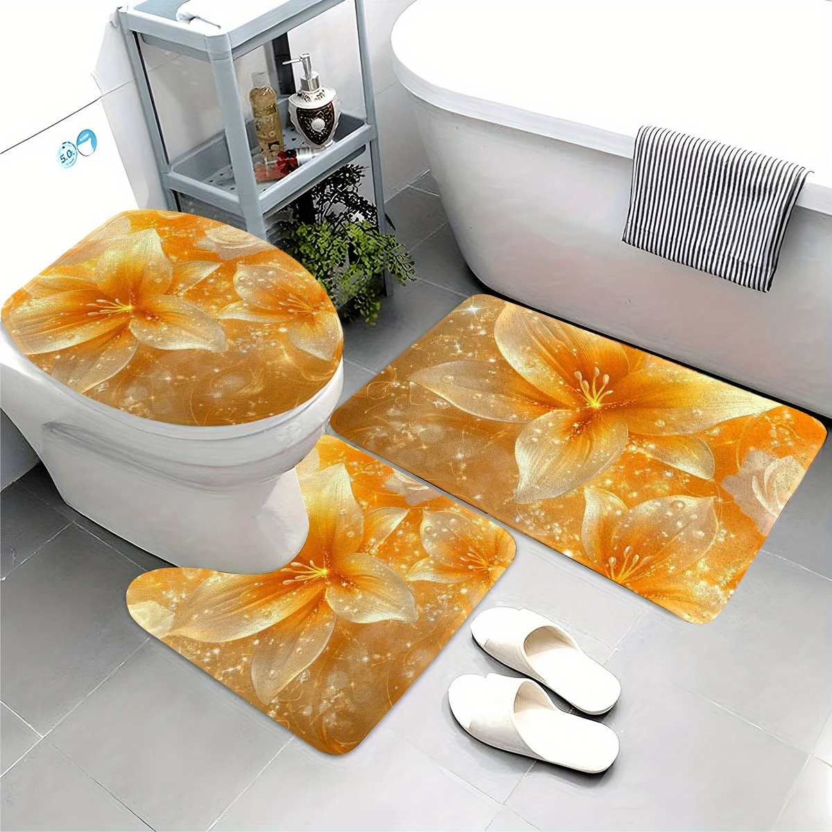 Luxurious Floral Bath Mat Set for Bathroom Home Decor Tropical Lily Spa Rug Absorbent Non-Slip Mat Bundle