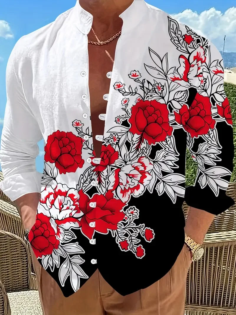 Casual Men Linen Shirts New Print Button Shirt Fashion Stand Up Collar Loose Men's Shirts Streetwear Casual Beach.