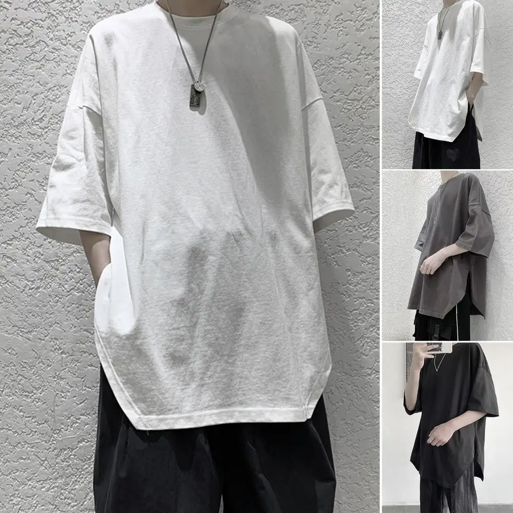 Summer Oversized T-shirt Solid Round Neck Loose Side Split T Shirt for Men Harajuku Half Sleeve Tee Simple Daily Tees