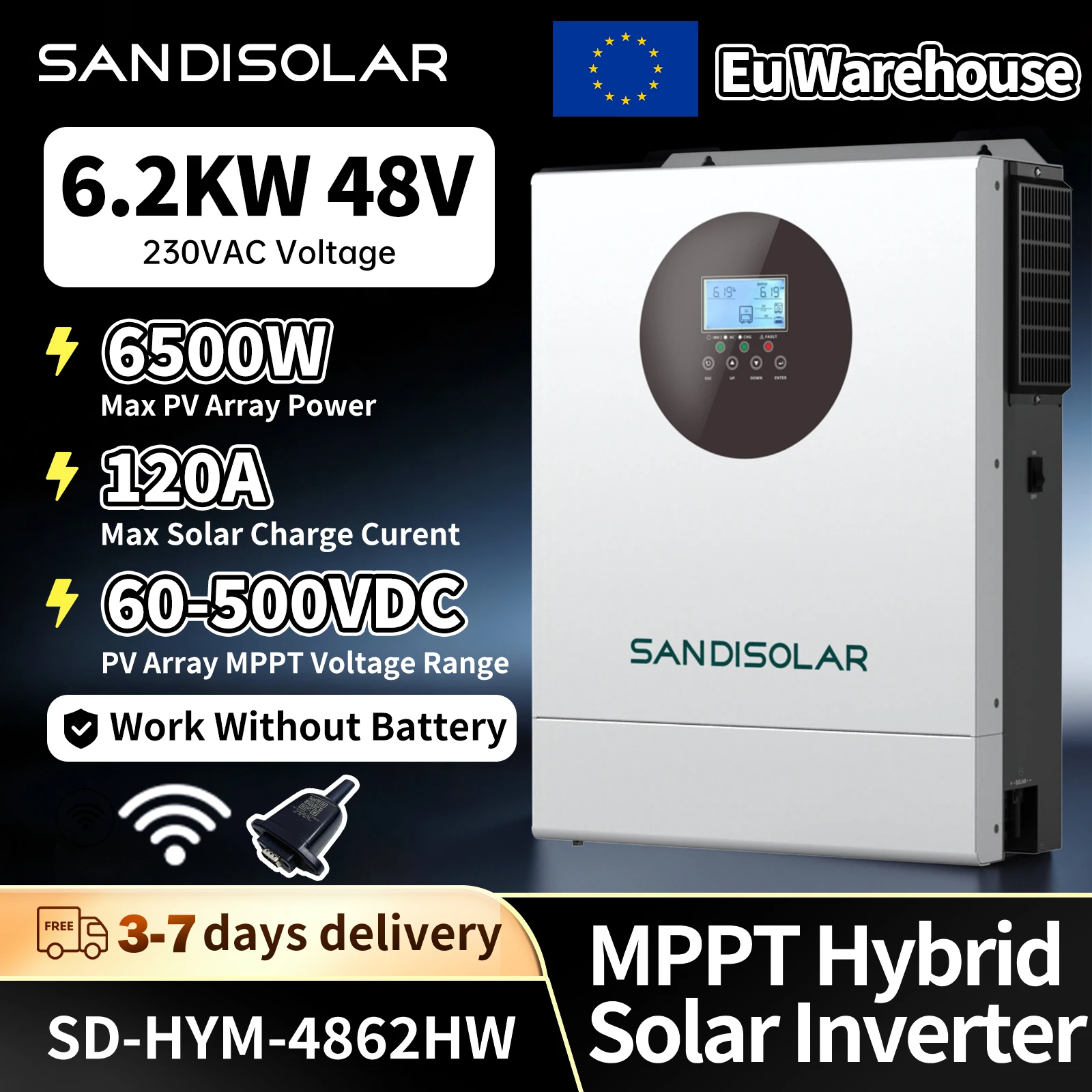 SD 6.2KW 4.2KW Hybrid Solar Inverter 48V 24V DC to AC Pure Sine Wave with 120A 100A MPPT Solar Controller for Home Energ Storage