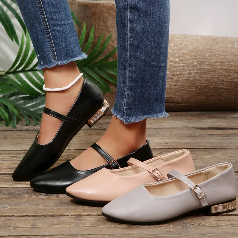 2026 Fashion Pointed Toe Buckle Strap Women's Low Heel Single Shoes New Trendy Solid Color Simple Thick Heel Casual Women Shoes