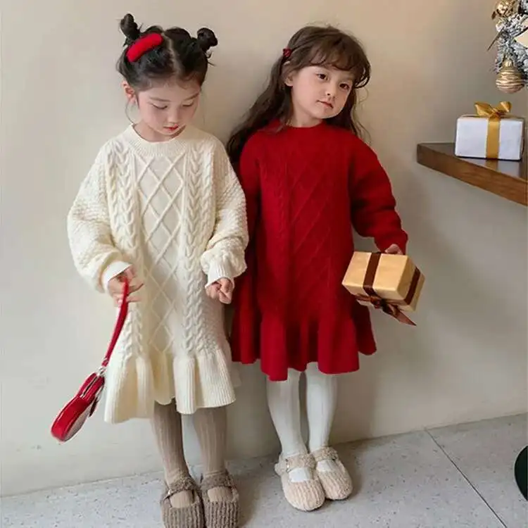 

Girls' Korean Style Knitted Woolen 2025 Autumn And Winter Clothing New Children's Ruffle Thick Princess Sweater Dress