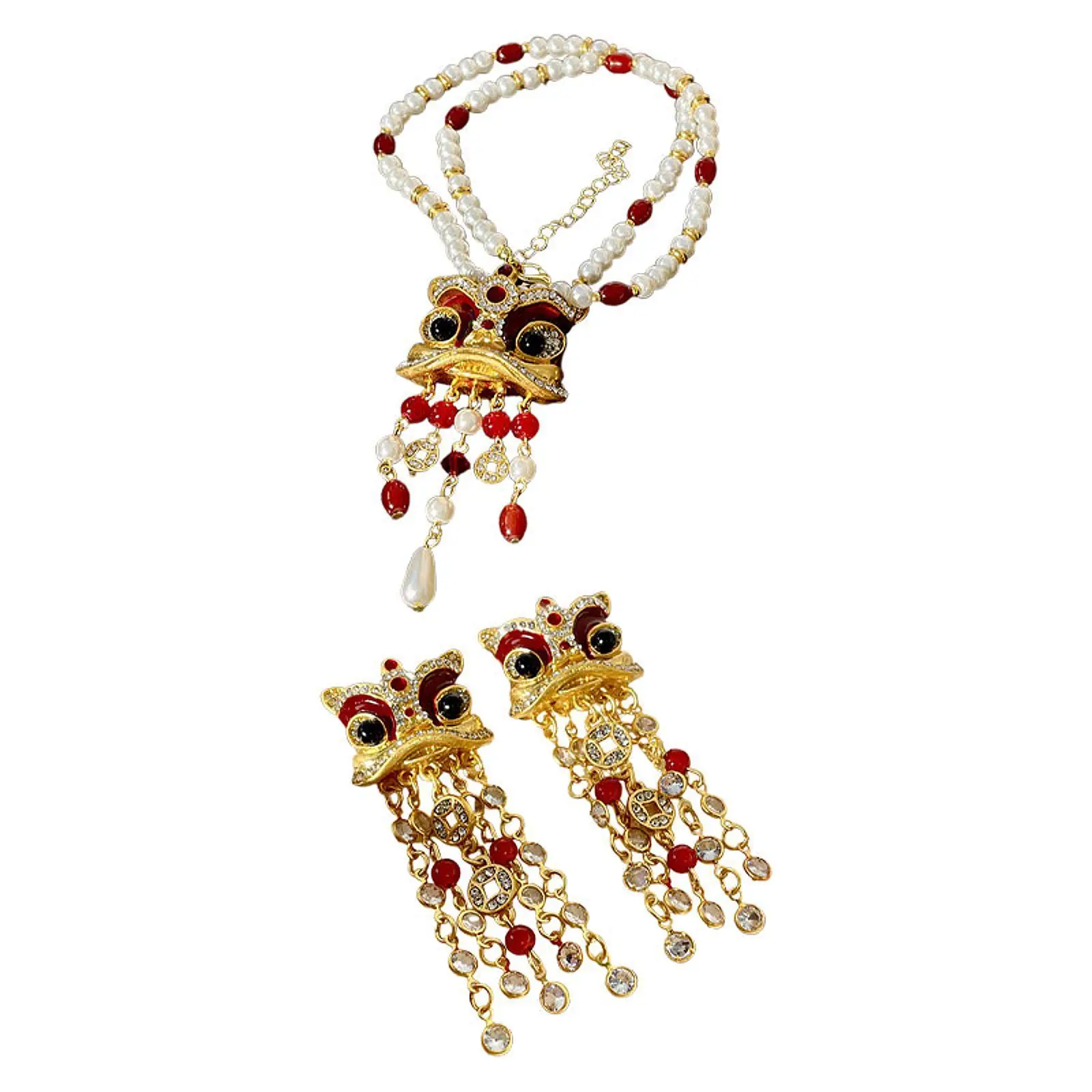 

Chinese New Year Jewelry, Pendant Necklace Dangling Earrings, Beaded Necklace Stud Earrings for Spring Festival
