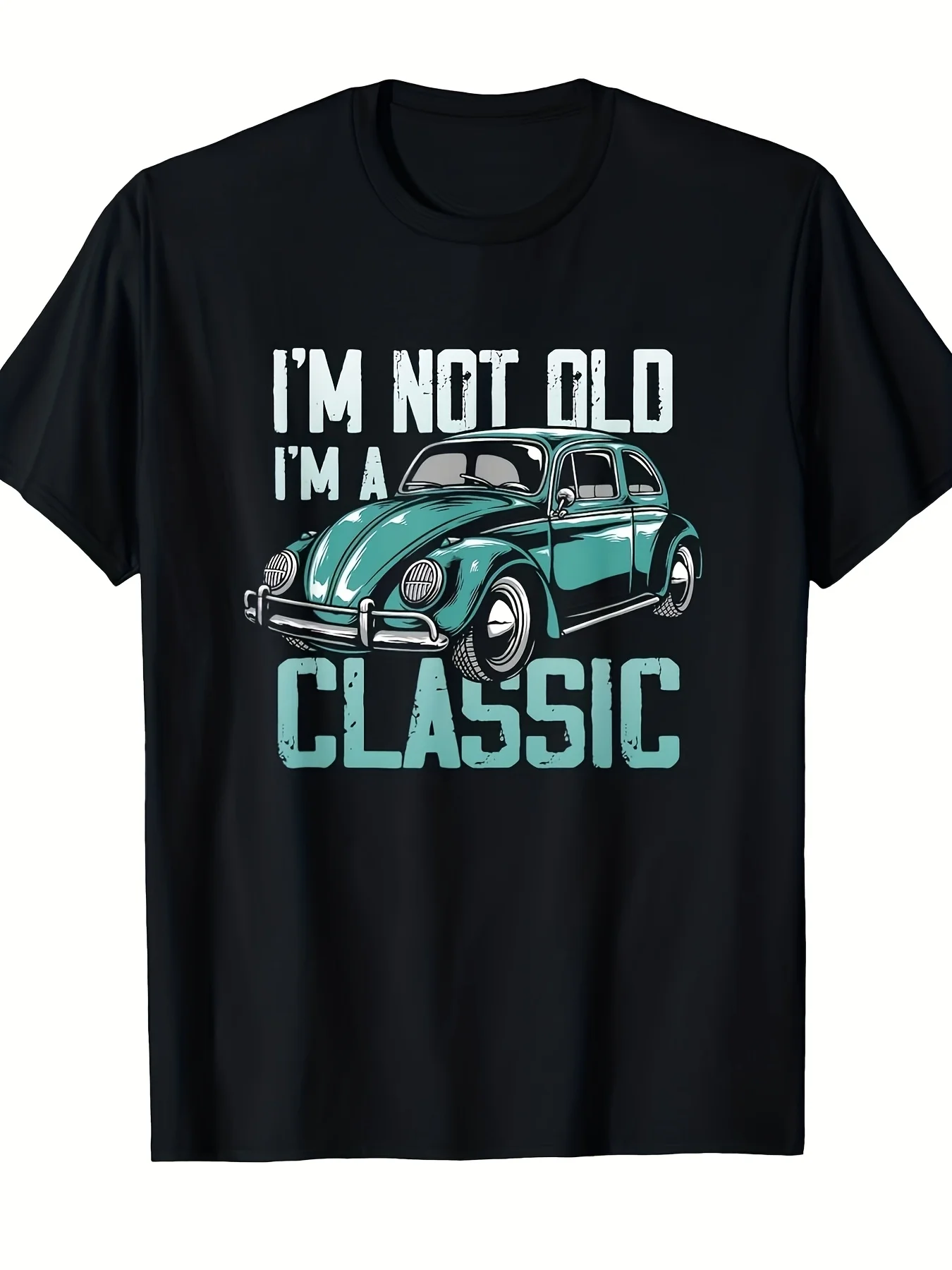 Men's Vintage 1960S Muscle Car T-Shirt - Retro Style, I'M Not Old, I'M Classic, Turquoise Print Graphic T-Shirt, Soft and Breathable Short-Sleeve Crew Neck Casual Shirt, Suitable for Automotive and Everyday Wear, Classic Car Apparel