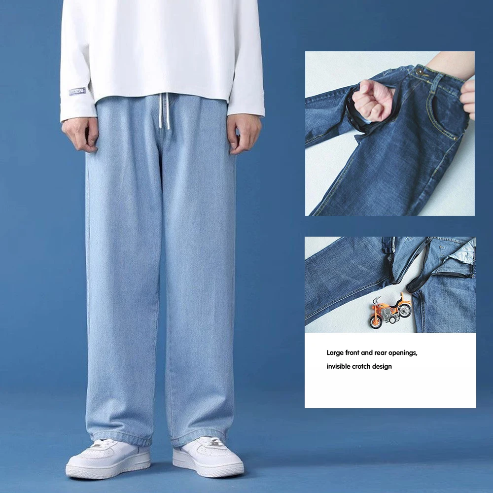 2025 Summer Men Jeans Loose Fit Durable Invisible Open Crotch Outdoor Sex Breathable Trendy Stylish Casual Erotic Long Pants