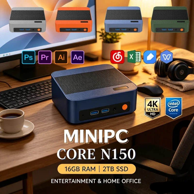 Multicolor Mini PC Intel N150, Win11 Pro 16GB RAM 2TB SSD WiFi6 BT5.2 4K UHD Workstation for Home Office, Gaming & Video Editing