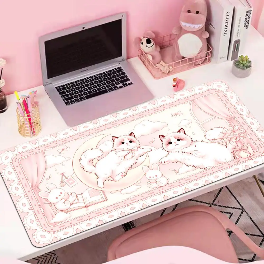 HYBXAXC Puff Ragdoll Cat Extended Desk Mat, Waterproof Pink Mouse Pad, Cute Kawaii Desktop Decor & Sweet Gift for Girls