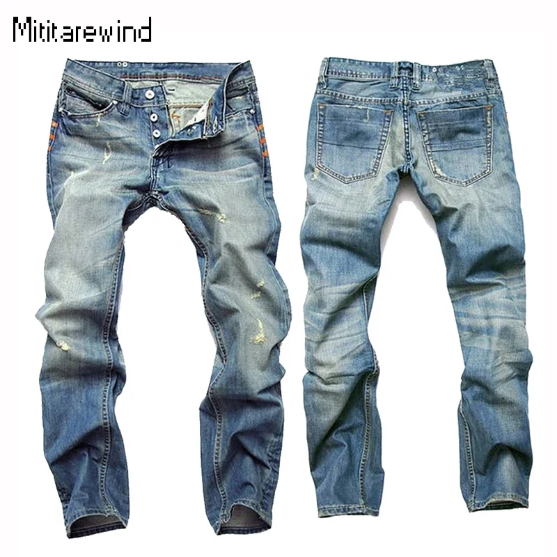 

Vintage Light Blue Jeans Men Four Seasons High Street Ripped Jeans Washed Mid-waist Straight Jeans Classic Fashion Denim Pants