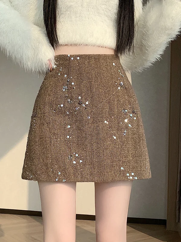 

Юбка трапециевидной формы с карамельными пайетками, женская модная облегающая юбка с высокой талией, корейская юбка из полиэфирного волокна