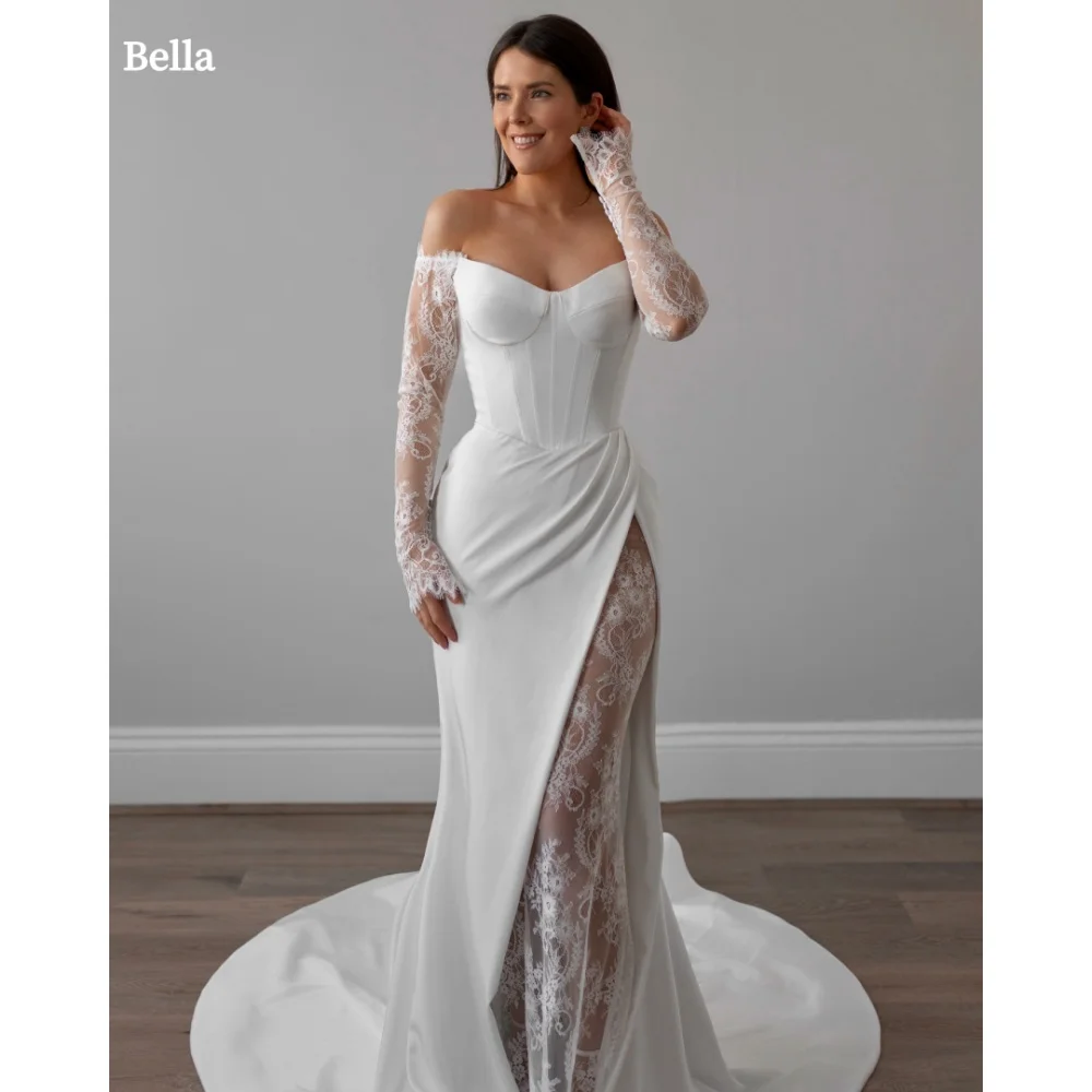 

Bella Customized White Lace Sleeves Off the Shoulder robes de soirée Strapless Side Slit Party Dresses Floor-Length Prom Dress