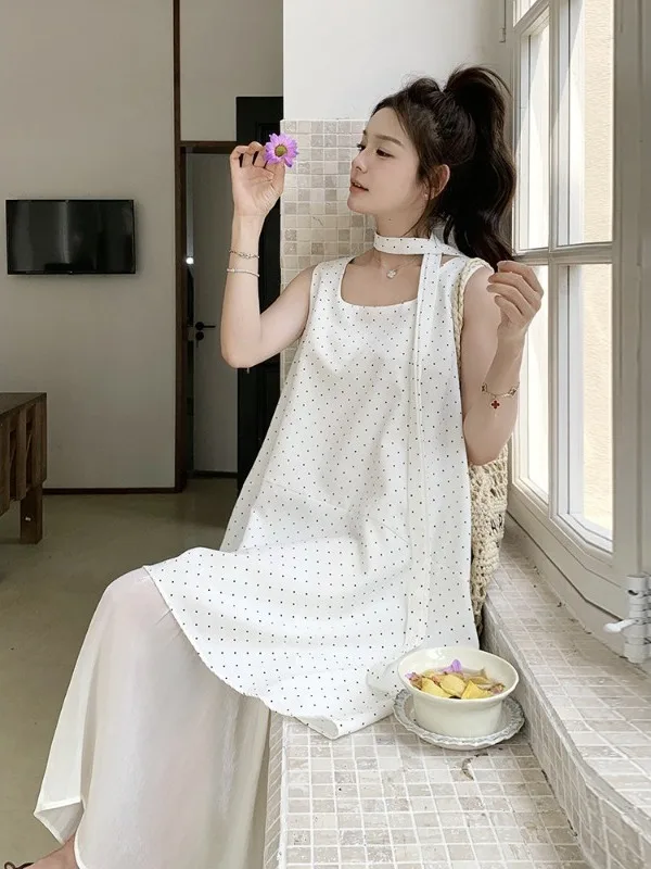 

Женское платье больших размеров (до 136 кг) в горошек с поясом-завязкой, без рукавов, летнее повседневное платье-жилет в корейском стиле, свободного кроя, длинное