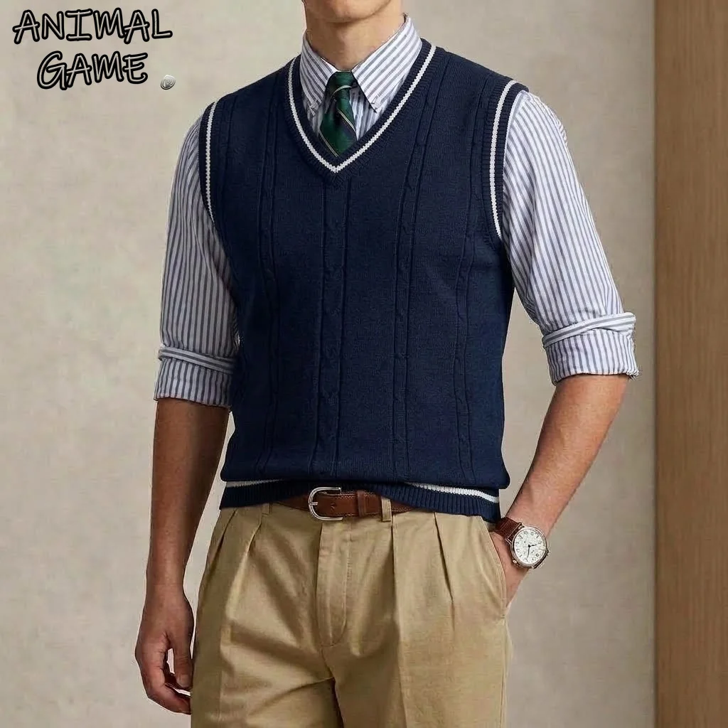 New Men Cable Knitted Sweater Vest V-Neck Striped Sleeveless Jumper Casual Autumn Tank Top Shirts Knitwear Pullover Coat for Men